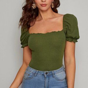 Green Trim Puff Sleeve Top